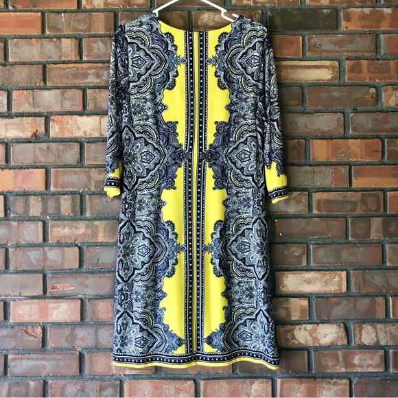 NWOT Sandra Darren Mod Yellow & Blue 3/4 Sleeve Shift Dress Size Large Boho - Picture 4 of 5
